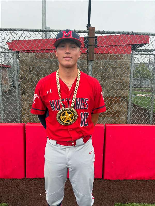 Medford Mustangs 2025 player with MVP chain